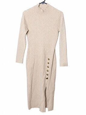 Nine West Beige Ribbed Sweater Dress Mock Neck Midi Dress w/ Side Snap Slit